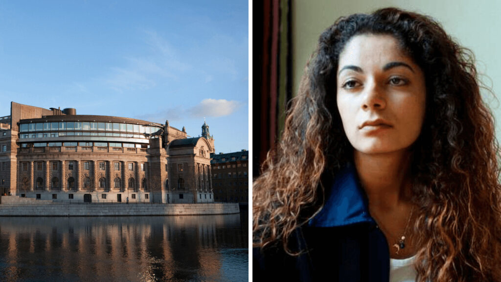 Bild på Sveriges riksdag och porträttfoto av Fadime Sahindal